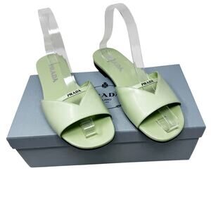 Prada Acqua Green Leather Flat Slide Sandals Size 38 with Box